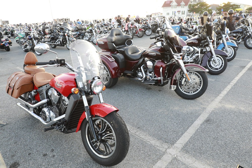 rows of motorcycles parked in inlet parking lot