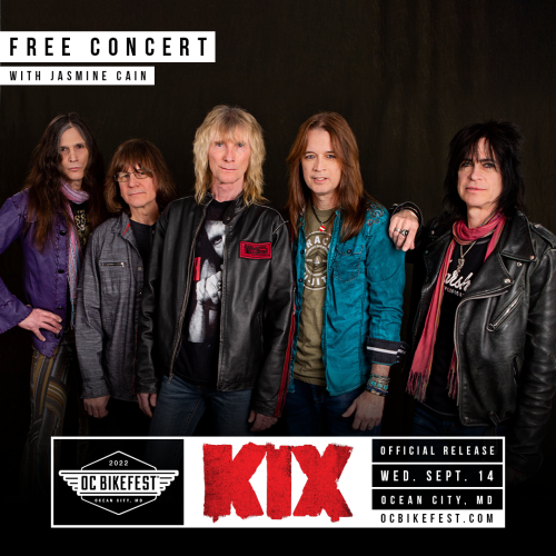 KIX band standing next to eachother in front of black background