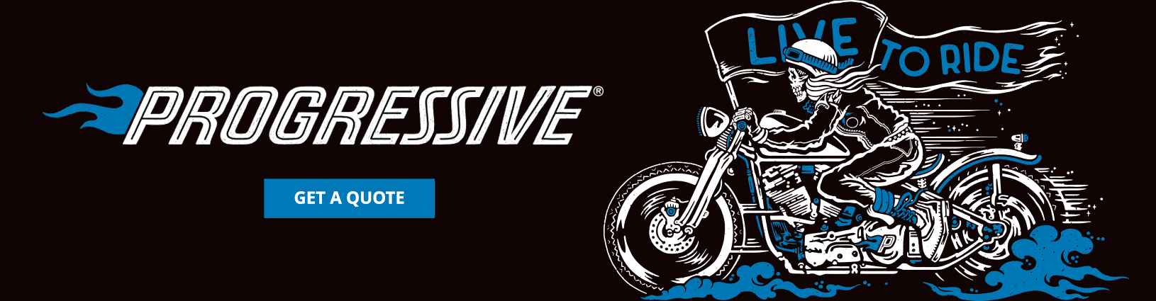 Progressive insurance logo with a skeleton riding a motorcycle